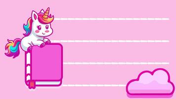 a cute unicorn is sitting on top of a book with clouds in the background, looping animation video