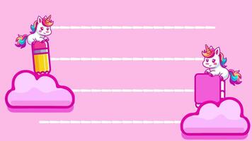 a cute unicorn is sitting on a book and a pencil is in the clouds, looping animation video