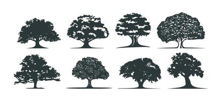 Set of detailed black oak tree silhouette icons vector