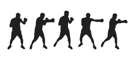 icon set of a man in various boxing poses in silhouette style vector