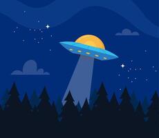 Flying saucer in flat design with forest on starry night background. illustration. vector