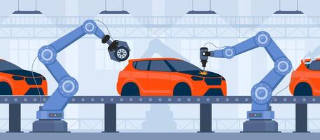 Process of automated car production. Wehicle parts on the machinery line with robotic hands. Assembly line at an automobile factory vector