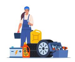 Woman mechanic with a toolbox. Girl character in uniform with wrench in her hand. Auto service accessories composition with tool kit, gasoline canister and battery. illustration. vector
