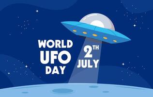 World UFO Day. Flying saucer in flat design with space on starry night vector
