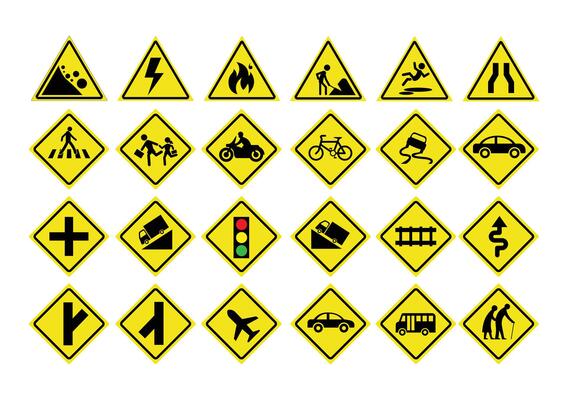 Collection of yellow road signs for streets