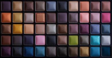 A close up of a makeup palette with many beautiful different colours photo