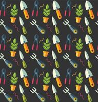 Flat design of gardening tools on dark background vector