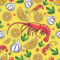 Flat design shrimp seafood pattern with yellow background vector