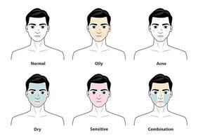 The man with skin types set isolated on white background. Different basic types of skin, normal, oily, acne prone, dry, sensitive and combination skin. Men skin care concept illustration. vector