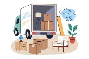 Flat cartoon illustration of moving truck loaded with furniture and boxes, home items placed in front of vehicle, movers service, composition of relocation and new beginnings vector