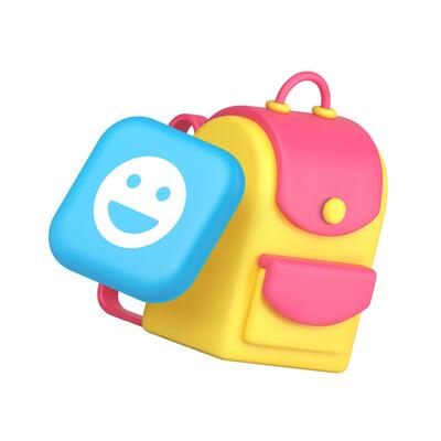 Back to school backpack with positive smiley badge 3d icon realistic illustration