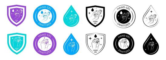 Hand Gel Sanitizer Badge and Icon Set. Shield, Hand, and Drop Logos in Line and Silhouette vector