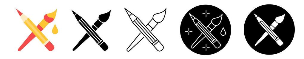 Crossed Brush and Pencil Icon Set. Colorful Round and Silhouette Design Tools vector