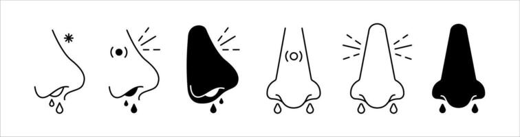 Nose Icon Set. Healthy and Sick Nose Collection in Line Art and Silhouette Styl vector