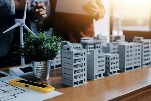 A man and woman are working on a project with a model of a city photo