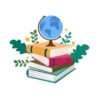 Colorful Stack of Books with Blue Globe for Learning and Education vector
