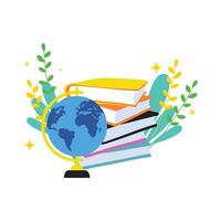 Bright Yellow and Orange Books Stack with Blue Globe for Global Learning vector