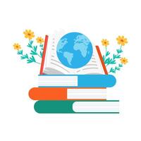 Colorful Books Stack with Open Book and Blue Globe for World Book Day vector