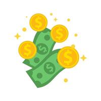 Floating Golden Coins and Green Dollar Bills with Yellow Sparkles vector