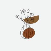 Line art illustration of stylized flowers in a vase with terracotta and beige abstract shape in bohemian style vector