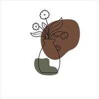 Abstract botanical illustration with simple line art flowers in vase with a teal and brown abstract shape bohemian style vector