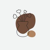 Minimalist abstract floral art featuring simple line work of flowers and leaves with earthy brown and beige color abstract shape in bohemian style vector