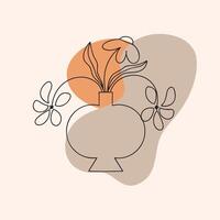 Minimalist line illustration of flowers and leaves in a vase with beige abstract shape in bohemian style vector