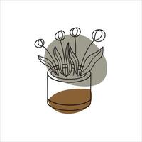 Minimalist floral illustration with outline flowers and leaves in a vase with a beige and grey abstract shape in bohemian style vector