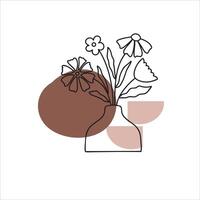 Modern line drawing of delicate flowers and leaves in a vase with brown and beige abstract bohemian style vector