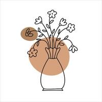 Line art of stylized flowers and leaves in a vase with beige abstract shape in bohemian style vector