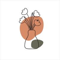 Minimalist floral illustration with outline flowers and leaves in a vase with terracotta and teal abstract shape in bohemian style vector