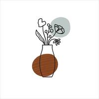 Abstract botanical illustration featuring simple line art flowers in vase with abstract shape in bohemian style vector