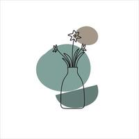 Abstract botanical illustration featuring simple line art flowers in vase with a teal and beige geometric bohemian style vector
