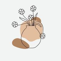 One-line drawing of stylized flowers with terracotta and beige abstract shapes bohemian style vector