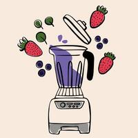 Blender making fruit smoothie with berries. Blender filled with strawberries, blueberries, and greens, preparing a healthy purple fruit smoothie. vector