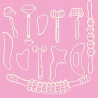 Set of facial massage and skincare tool.Outline illustration of various facial massage and skincare tools, including rollers, gua sha stones and massagers on a pink background. vector