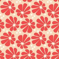 Seamless retro floral pattern in red and beige. Red flower pattern with white dots on a beige background in a seamless retro style, ideal for textiles, wallpapers, and digital design. vector