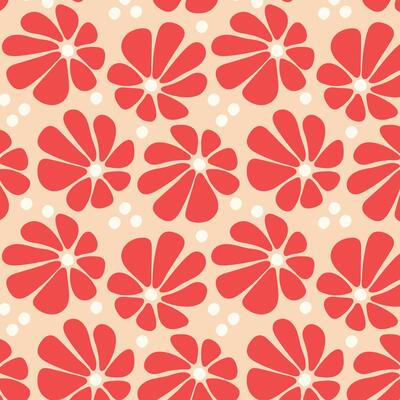 Seamless retro floral pattern in red and beige. Red flower pattern with white dots on a beige background in a seamless retro style, ideal for textiles, wallpapers, and digital design.
