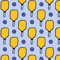 Pattern with pickleball balls and paddle. Sport seamless pattern with doodle paddle . Design for print, banner, fabric, cover, wrapping paper, wallpaper. Concept of sport, activities, hobbies. vector