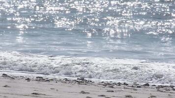 Sparkling ocean waves gently crashing on sandy beach in portugal video