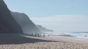Tourists walking along the beach in portugal under a clear sky video