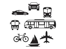 This image features a collection of simple, black and white icons representing different modes of transportation. vector