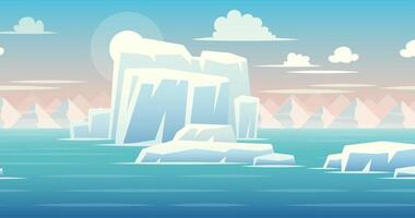 2D Parallax Looping Animation of Ocean and Icebergs Landscape. Antarctic ocean environment panorama, fluffy clouds and distant mountain peaks. video