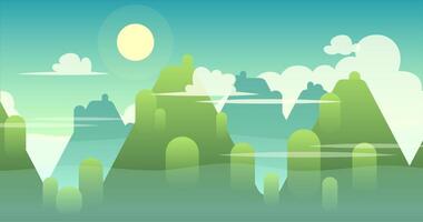 2D Parallax Looping Animation of a Peaceful Mountain Landscape. Green trees, fluffy white clouds and distant mountain peaks. video