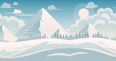 2D Parallax Looping Animation of Cold Winter Landscape. White snow, fluffy clouds and distant mountain peaks. video