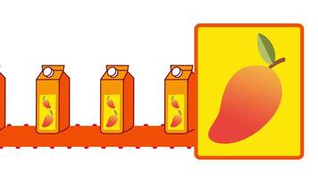 Mango juice cartons align beside a bold fruit icon, creating a neat, playful branding composition video