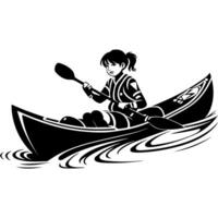 Sketchy engraving emblem of girl tourist sails on a canoe on a lake in monochrome. Engraving minimalistic image in black ink drawing on white background vector