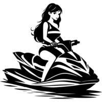 Sketchy emblem of cute young girl in swimsuit sits on jet ski front view in monochrome. Engraving minimalistic image in black ink drawing on white background vector
