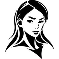 Sketchy emblem of portrait of a pretty brunette girl with long hair and a confident look in monochrome. Engraving minimalistic image in black ink drawing on white background vector