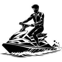 Sketchy sport emblem of man riding a jet ski on waves in monochrome. Engraving minimalistic image in black ink drawing on white background vector